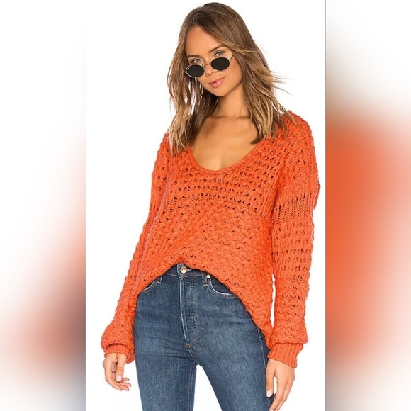 FREE PEOPLE Size M Crashing Waves Orange Open Knit Sweater Plunging Neckline - Picture 8 of 9